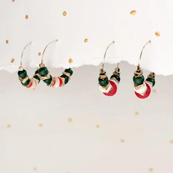 Boho Hoop Earrings Green Stone Beaded Gold Hoops Coral Ivory | Artisan Style - Picture 5 of 10